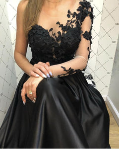 Lace Long Sleeves Satin Prom Evening Dresses One Shoulder