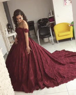 Load image into Gallery viewer, Maroon-Lace-Wedding-Gowns-Puffy-Bridal-Dress
