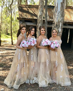 Champagne Lace Appliques Sweetheart Tulle Floor Length Bridesmaid Dresses