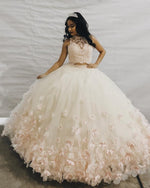 Cargar imagen en el visor de la galería, Blush Pink Lace Crop Tulle Two Piece Ball Gowns Quinceanera Dresses
