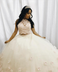 Blush Pink Lace Crop Tulle Two Piece Ball Gowns Quinceanera Dresses