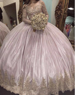 Load image into Gallery viewer, Gold Lace Appliques Long Sleeves Quinceanera Dresses Ball Gowns
