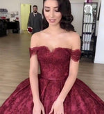 Load image into Gallery viewer, Burgundy Lace Ball Gown Off Shoulder Wedding Dresses
