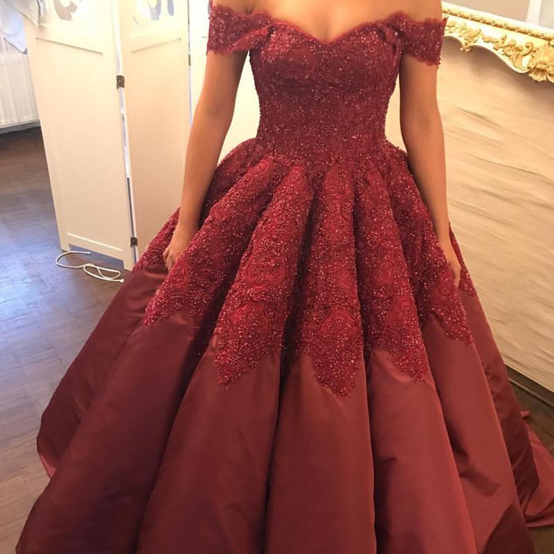 Burgundy Taffeta Wedding Ball Gown Dresses Lace Off The Shoulder
