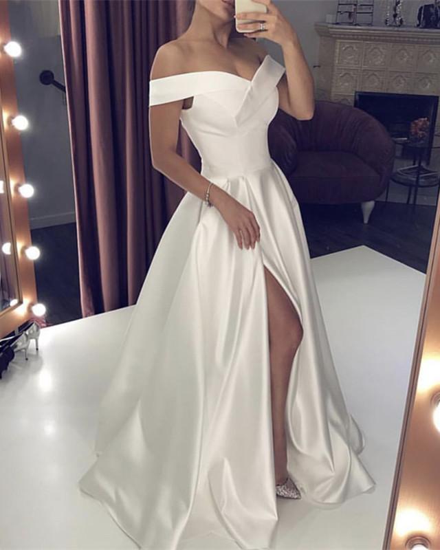 Classic Satin Off Shoulder Leg Slit Wedding Gown Dresses