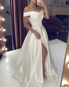 Classic Satin Off Shoulder Leg Slit Wedding Gown Dresses