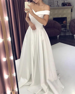 Classic Satin Off Shoulder Leg Slit Wedding Gown Dresses