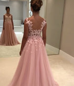 Cargar imagen en el visor de la galería, Elegant A Line Long Chiffon Prom Dresses Lace Appliques Evening Gowns 2018
