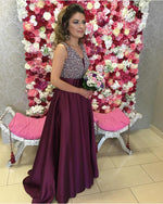 Afbeelding in Gallery-weergave laden, Luxurious Sequins Beaded V Neck Floor Length Satin Prom Dresses 2018
