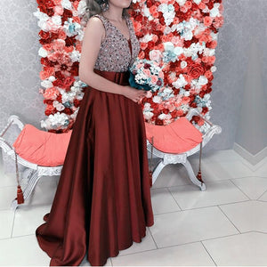 Luxurious Sequins Beaded V Neck Floor Length Satin Prom Dresses 2018