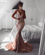 Cargar imagen en el visor de la galería, Lace Appliques V-neck Mermaid Sequin Open Back Prom Dresses
