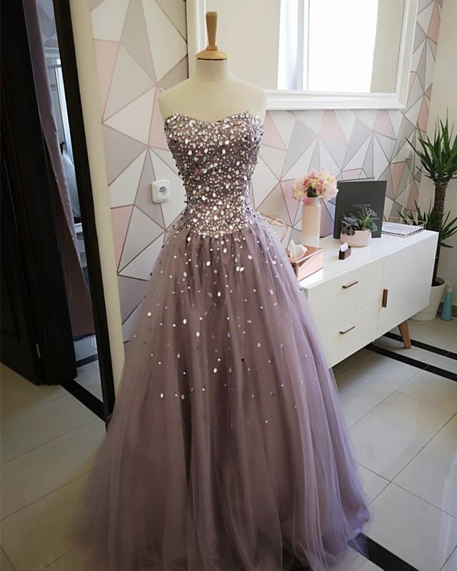 Strapless Bodice Corset Tulle Ball Gowns Prom Dresses Sequin Beaded
