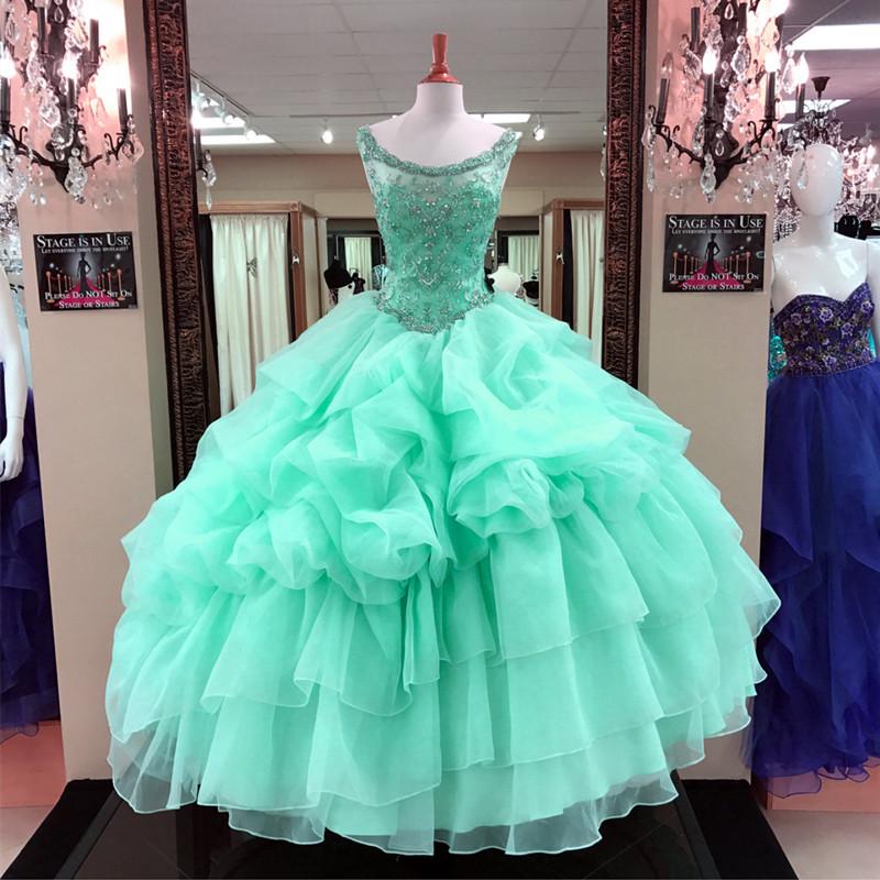 Jewelry Neck Beaded Bodice Organza Layered Ball Gowns Quinceanera Dresses