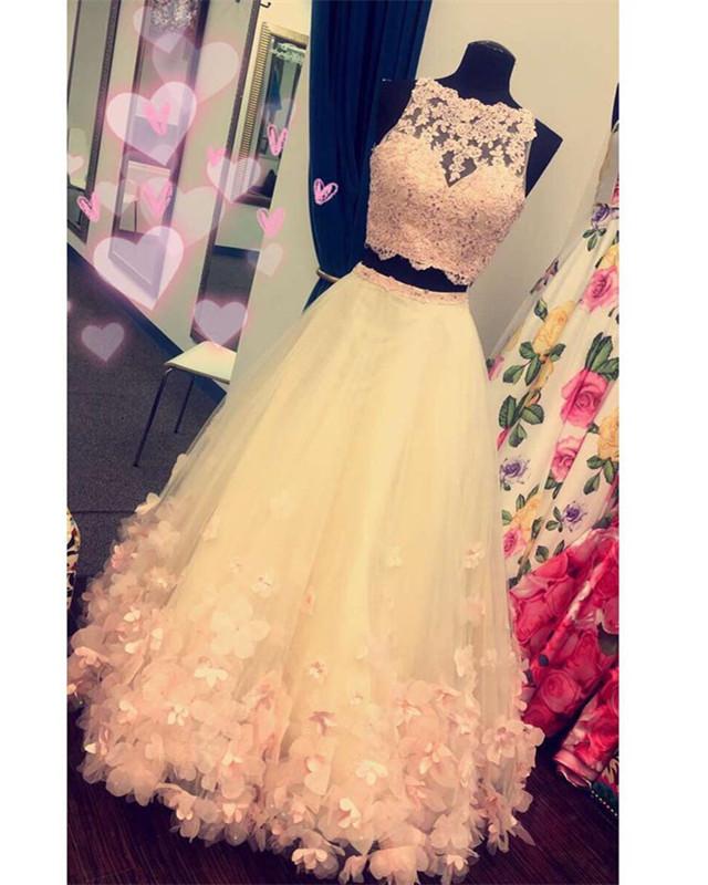 Blush Pink Lace Crop Tulle Two Piece Ball Gowns Quinceanera Dresses