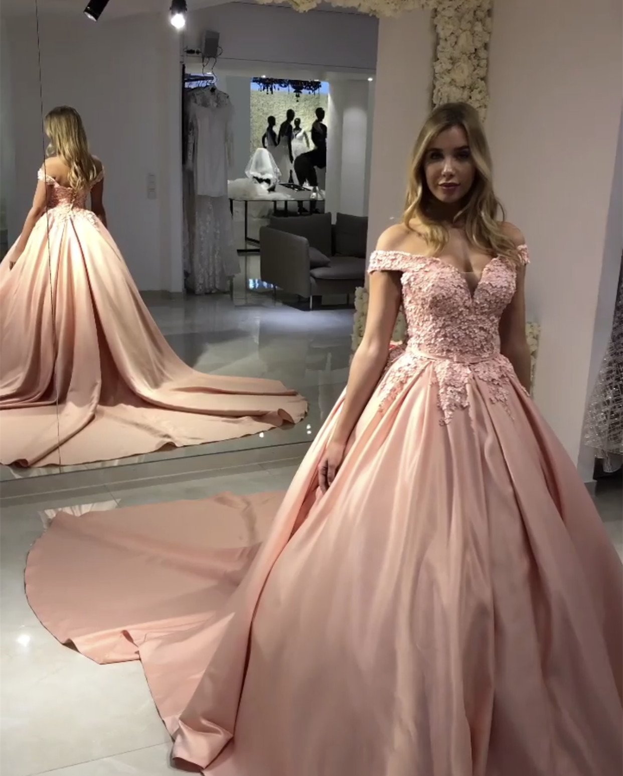 Blush Pink Satin Ball Gowns Lace Off Shoulder