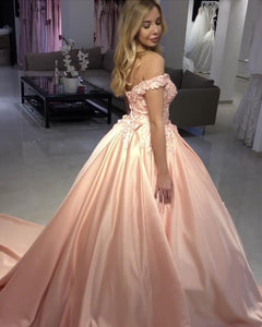 Blush Pink Satin Ball Gowns Lace Off Shoulder