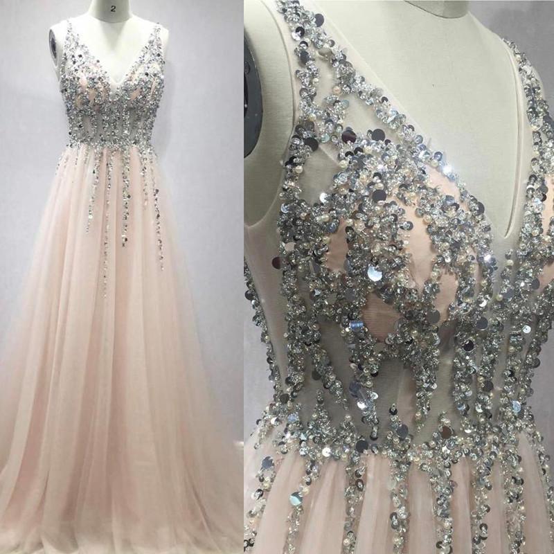 Pretty Sequins Long Tulle V-neck Prom Evening Gowns