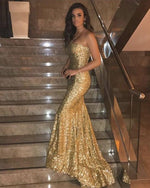 Load image into Gallery viewer, Long Gold Sequins Strapless Prom Dress Mermaid Evening Gowns
