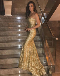 Long Gold Sequins Strapless Prom Dress Mermaid Evening Gowns