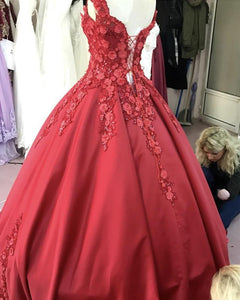 Red Satin V-neck Wedding Dress Ball Gowns With 3D Lace Flowers