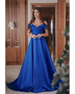 Load image into Gallery viewer, Long Satin Off Shoulder Prom Evening Dresses Beaded Sashes
