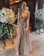 Load image into Gallery viewer, Long-Gold-Prom-Dresses-Sequin-Beaded-Evening-Gowns

