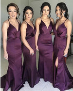 Load image into Gallery viewer, Long Satin V-neck Leg Split Mermaid Bridesmaid Dresses
