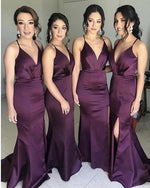 Load image into Gallery viewer, Sexy V-Neck Long Satin Mermaid Split Bridesmaid Dresses Open Back
