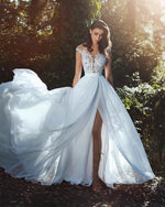 Load image into Gallery viewer, Elegant Lace Appliques Cap Sleeves Chiffon Wedding Dresses With Leg Slit

