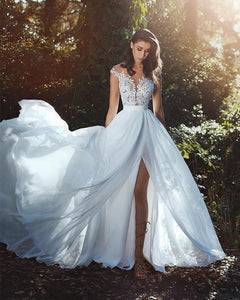 Elegant Lace Appliques Cap Sleeves Chiffon Wedding Dresses With Leg Slit