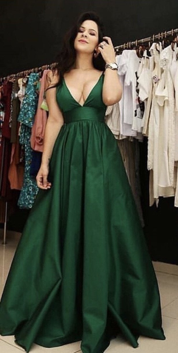Plunge V-neck Floor Length Satin Prom Dresses