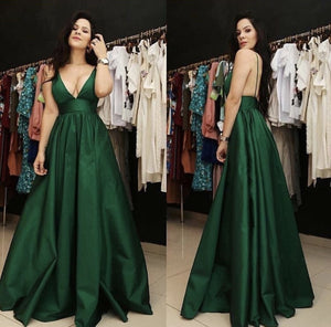 Plunge V-neck Floor Length Satin Prom Dresses