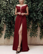 Load image into Gallery viewer, Off The Shoulder Long Satin Split Prom Evening Dresses 2019
