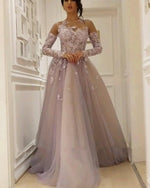 Load image into Gallery viewer, Illusion Neckline Long Sleeves Tulle Evening Dresses Lace Appliques
