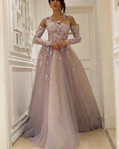 Illusion Neckline Long Sleeves Tulle Evening Dresses Lace Appliques