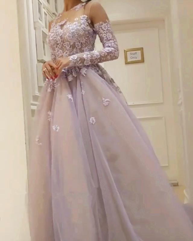 Illusion Neckline Long Sleeves Tulle Evening Dresses Lace Appliques