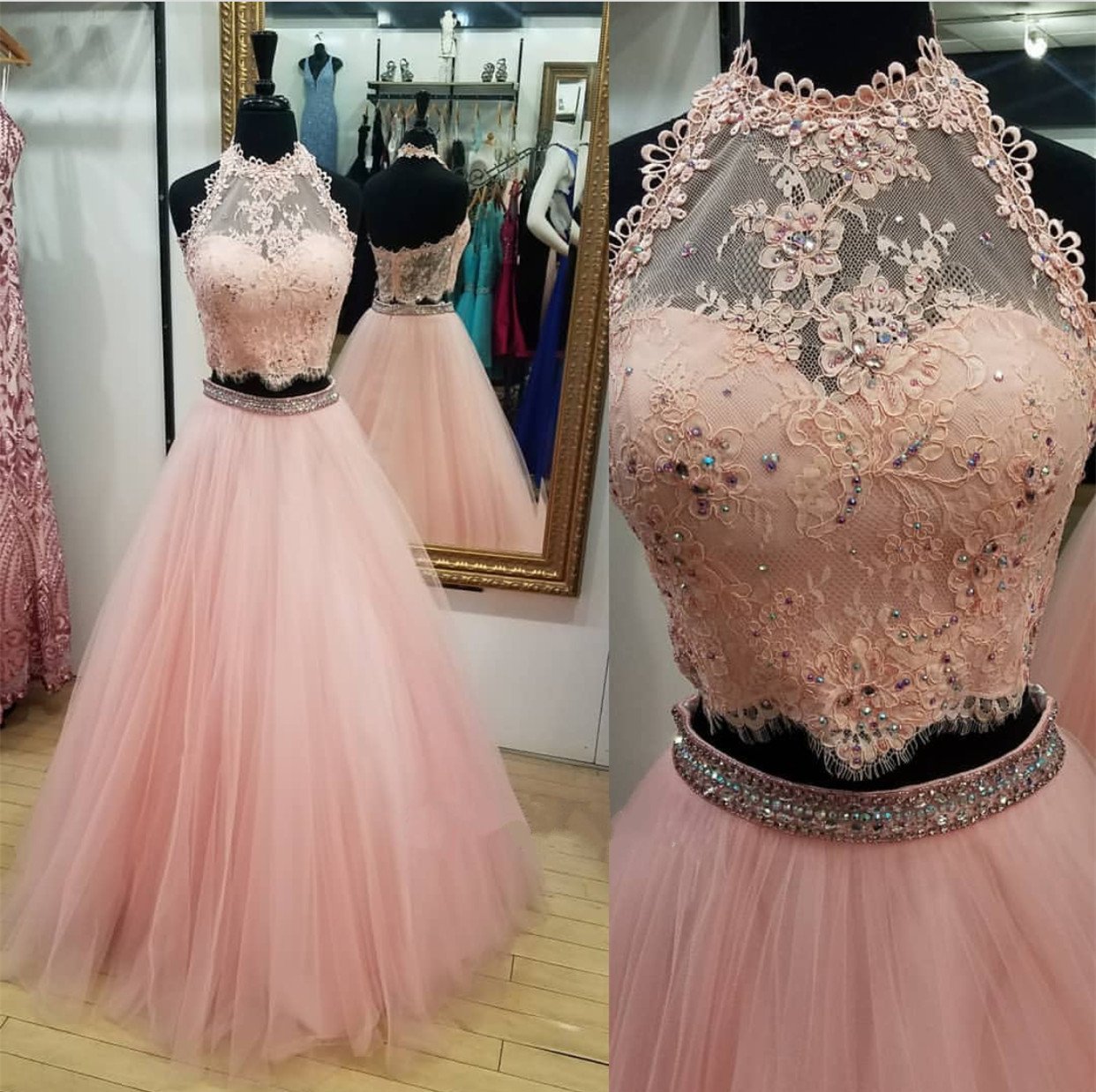 Chic Lace Crop Top Tulle Prom Dresses Two Piece Ball Gowns