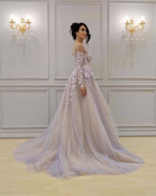 Illusion Neckline Long Sleeves Tulle Evening Dresses Lace Appliques