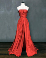 Load image into Gallery viewer, Ruched Top Long Satin Slit Prom Evening Dresses
