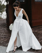 Load image into Gallery viewer, Chic Long Satin Plunge Neck Beach Wedding Dresses Leg Split
