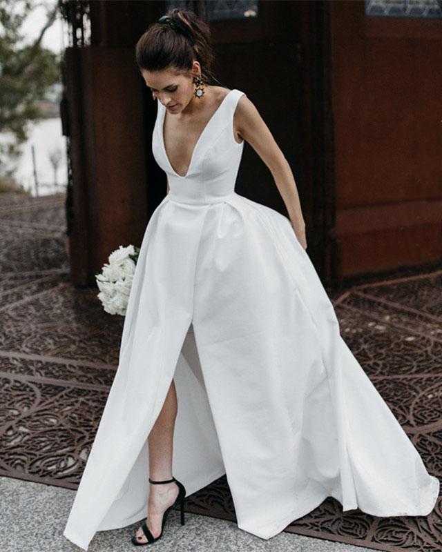 Sexy Leg Split Plunge V-neck Long Satin Wedding Dresses