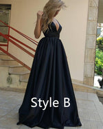 Load image into Gallery viewer, Deep V-neck Long Satin Royal Blue Evening Dresses
