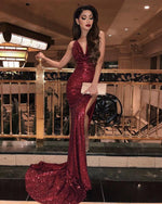 Load image into Gallery viewer, Halter Neck Long Sequin Mermaid Prom Dresses Leg Split
