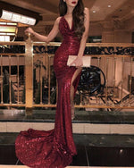 Load image into Gallery viewer, Halter Neck Long Sequin Mermaid Prom Dresses Leg Split
