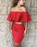 Load image into Gallery viewer, Off The Shoulder Satin Two Piece Homecoming Dresses Ruffle Sleeves
