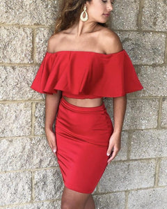 Off The Shoulder Satin Two Piece Homecoming Dresses Ruffle Sleeves