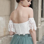 Load image into Gallery viewer, White Lace Crop Top Tulle Prom Dresses Two Piece Homecoming Dress
