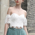 Cargar imagen en el visor de la galería, White Lace Crop Top Tulle Prom Dresses Two Piece Homecoming Dress
