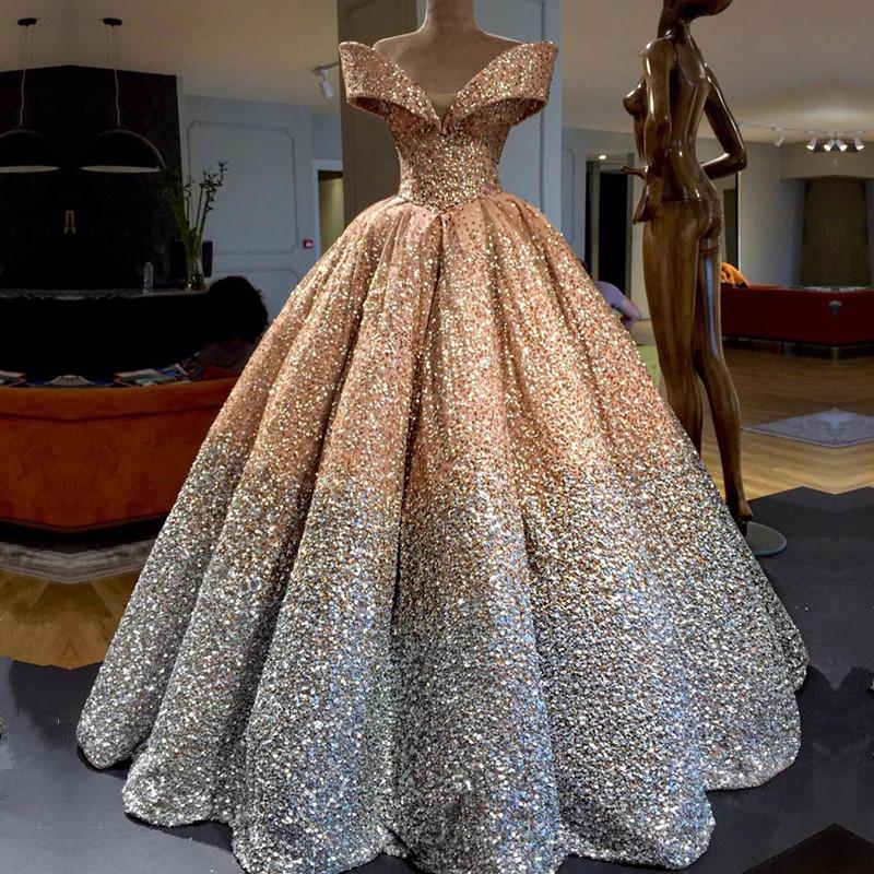 Bling Bling Off The Shoulder Ball Gown Wedding Dress With Sequins And Crystal Beads