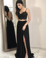 Load image into Gallery viewer, Elegant Lace Crop Chiffon Split Prom Dresses Two Piece
